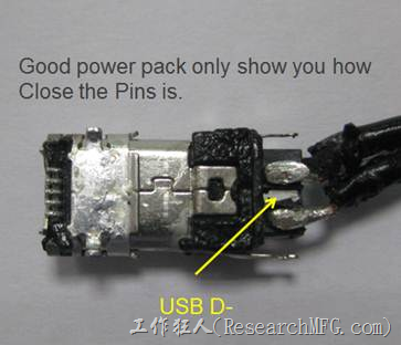 USB連接器錫絲的產生是因為焊接的接腳相距較近所造成，這裡顯示其接腳護為上下